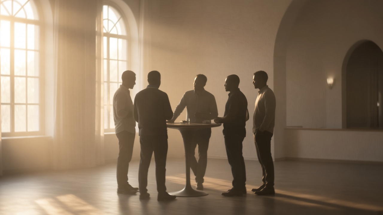 Placeholder photo: silhouettes of men talking together